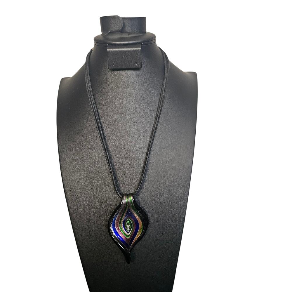 Multicolor Art Glass Teardrop Pendant Necklace Black Cord Statement